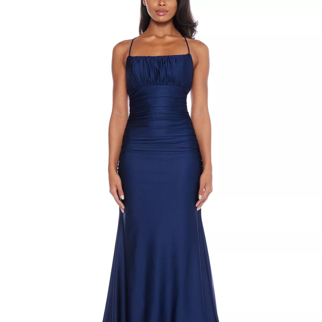 B Darlin Juniors' Square-Neck Ruched Strappy Sleeveless Gown Navy